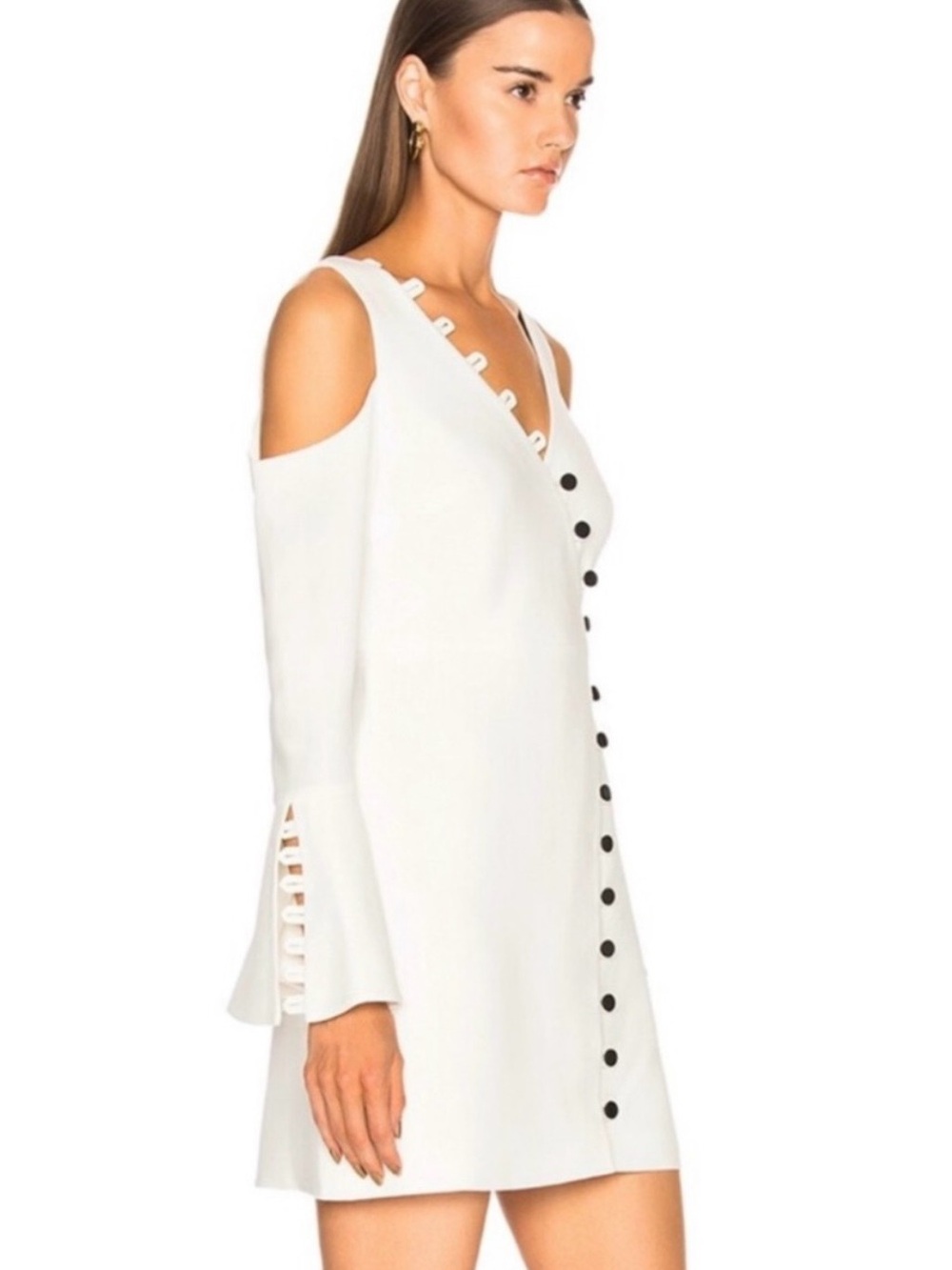 Alexis White Cold-Shoulder Mini Dress with Black Button Detail